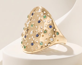 Anello vistoso in oro massiccio 14 carati / Anello con smeraldo, zaffiro e diamanti / Anello cocktail in oro traforato / Anello largo con pietre preziose multiple / Anello regalo di lusso