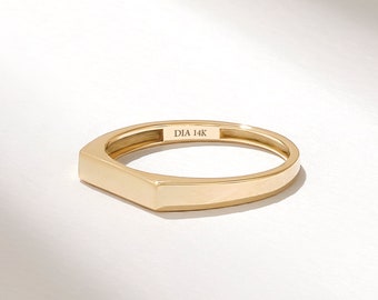14k Solid Gold Flat Top Signet Ring • Delicate Pinky or Stacking Band for Women • Minimalist Engravable Geometric Ring • Simple Gold Gift