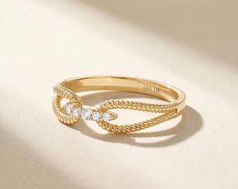 14K Solid Gold Twisted Rope Ring | Genuine Diamond Bar Wedding Band | Minimalist Braided Ring | Real Diamond Bridge Band | Fine Jewelry Gift