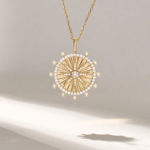 Solid Gold Starburst Pendant Necklace, 14k Unique Yellow North Star Necklace, Pave Diamond Sparkling Compass Pendant, Womens Daily Jewelry