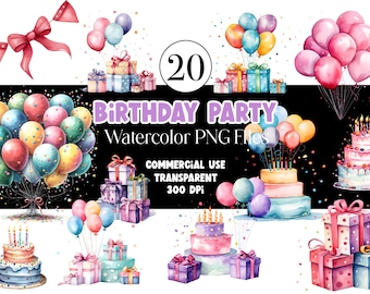 Birthday Party Cake Clipart Gifts Balloon Clipart PNG Bundle Watercolor Clipart Commercial Use Watercolor Clip Art Digital Stickers Download