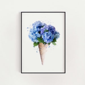 Hortensie Hortensia Eistüte Digitaldruck | Blumenstrauß blau | Digitale Ölgemälde | Sofortiger Download