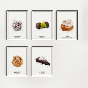 Swedish Fika Art Set of 5 Kanelbulle Chokladboll Semla Dammsugare Kladdkaka Swedish Food Prints Gift For Sweden Lover Instant Download