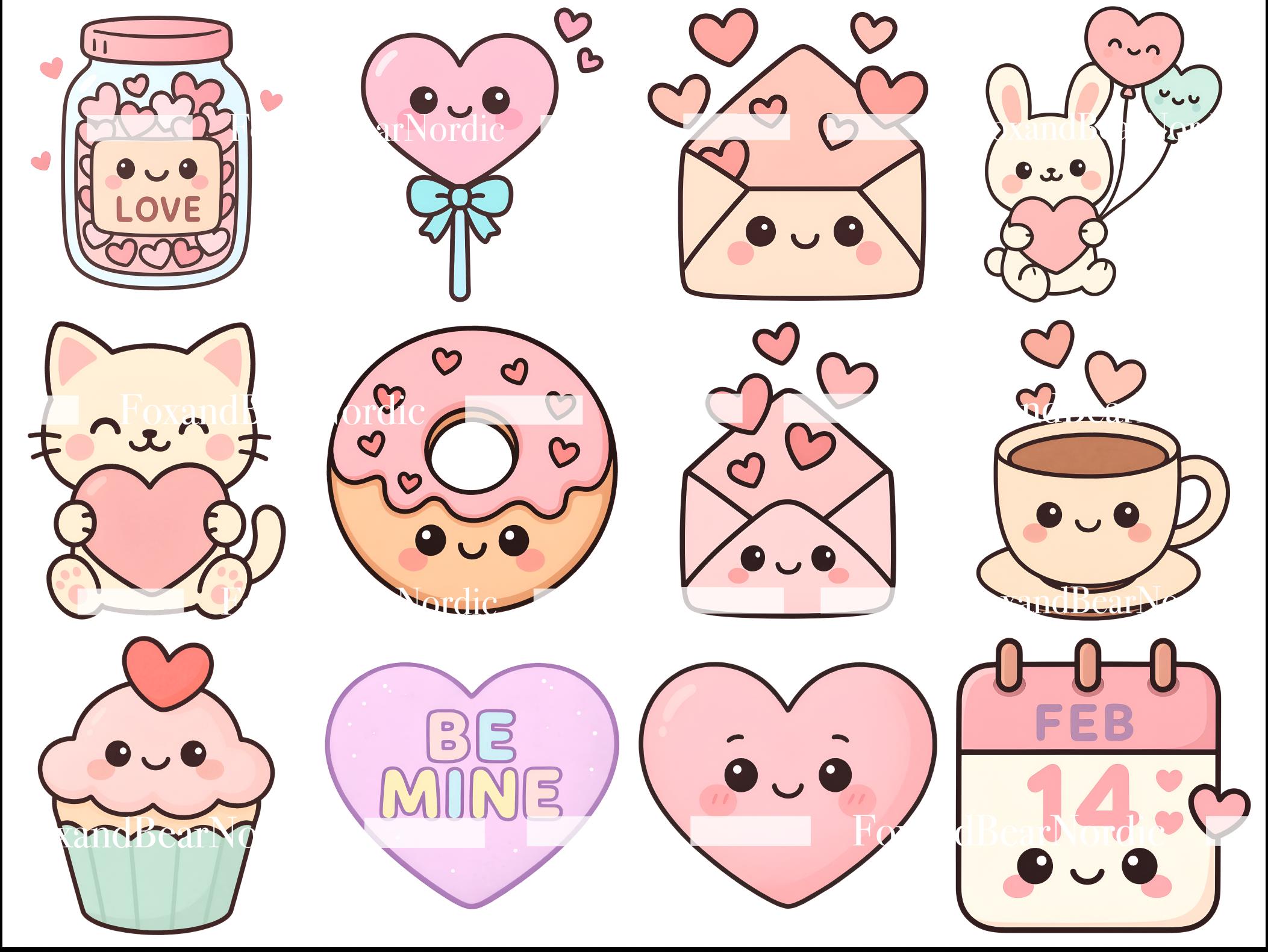 Kawaii Valentine’s Clipart PNG Bundle | 25 Valentine Cute Hearts, Candy, Cupcakes & Love Characters | Pastel Pink Romantic PNG, 300 DPI image 6