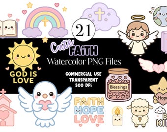 Pacchetto di clipart cristiane kawaii / 21 immagini PNG / Clipart carine per diario biblico Adesivi per bambini cristiani Fede PNG Clipart religiosa pastello