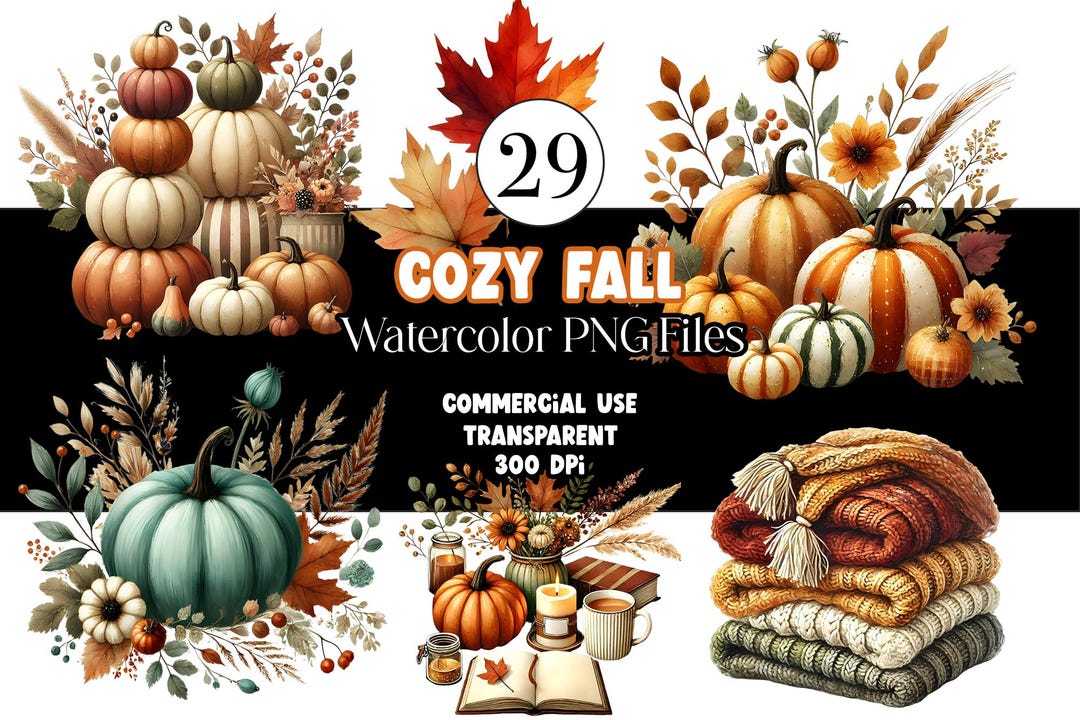 Cozy Cottage Core Watercolor Pumpkin Clipart PNG Bundle Cozy Fall ...