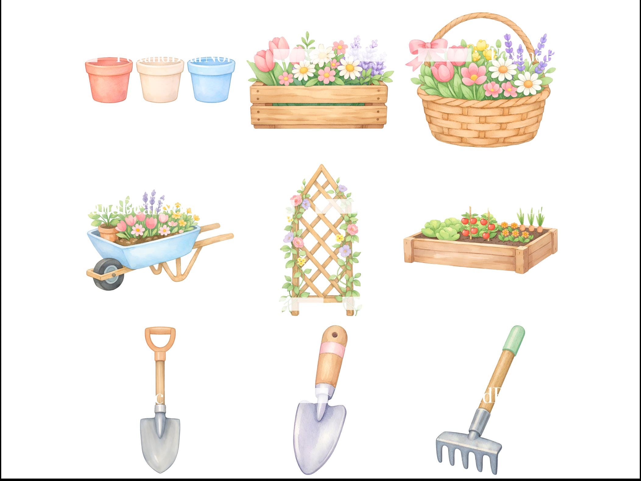 Spring Gardening Watercolor Clipart Bundle: Greenhouse, Flowers, Plants (72 PNG Files) image 10
