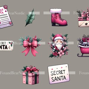 Peut inclure: Ensemble d'illustrations sur le th&egrave;me de No&euml;l. Comprend un patin &agrave; glace rose, une liste avec le texte "SECRET SANTA", un personnage du P&egrave;re No&euml;l, un tra&icirc;neau rempli de cadeaux, une bo&icirc;te cadeau et un n&oelig;ud.