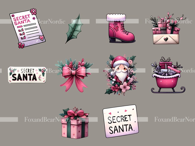 Peut inclure: Ensemble d'illustrations sur le th&egrave;me de No&euml;l. Comprend un patin &agrave; glace rose, une liste avec le texte "SECRET SANTA", un personnage du P&egrave;re No&euml;l, un tra&icirc;neau rempli de cadeaux, une bo&icirc;te cadeau et un n&oelig;ud.