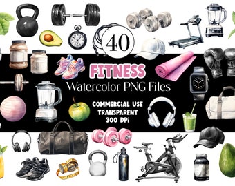 Puede incluir: Un conjunto de 40 ilustraciones de fitness en acuarela, que incluyen mancuernas, una esterilla de yoga, una cinta de correr, una licuadora, una botella de agua, un guante de boxeo, una kettlebell, una bicicleta de spinning, auriculares, un batido de proteínas, una manzana y mucho más. Las ilustraciones están en una variedad de colores y son perfectas para usar en proyectos digitales o impresos.