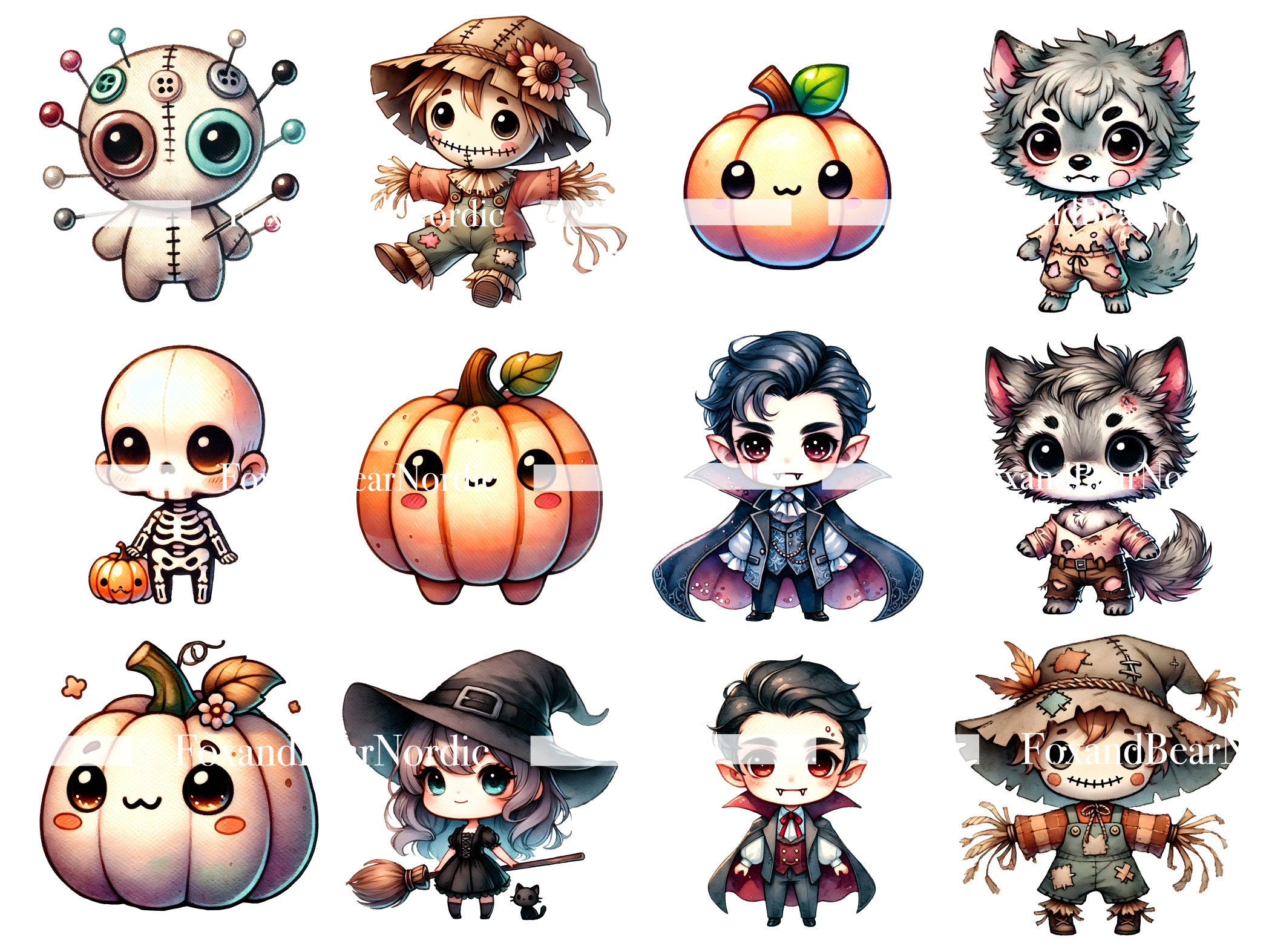 Halloween Chibi Clipart Cute Ghost PNG Halloween Clipart Halloween PNG Kawaii Cute Halloween Chibi Doll Black Cat Commercial Use image 5