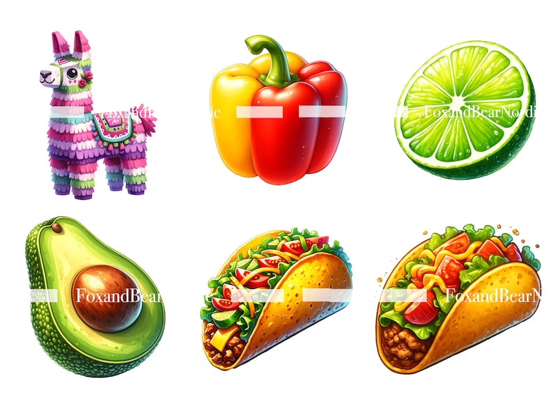 May include: A set of colourful Mexican-themed party decorations, including a pink and purple llama pinata, a red and yellow bell pepper, a green lime, and two yellow tacos with various toppings.