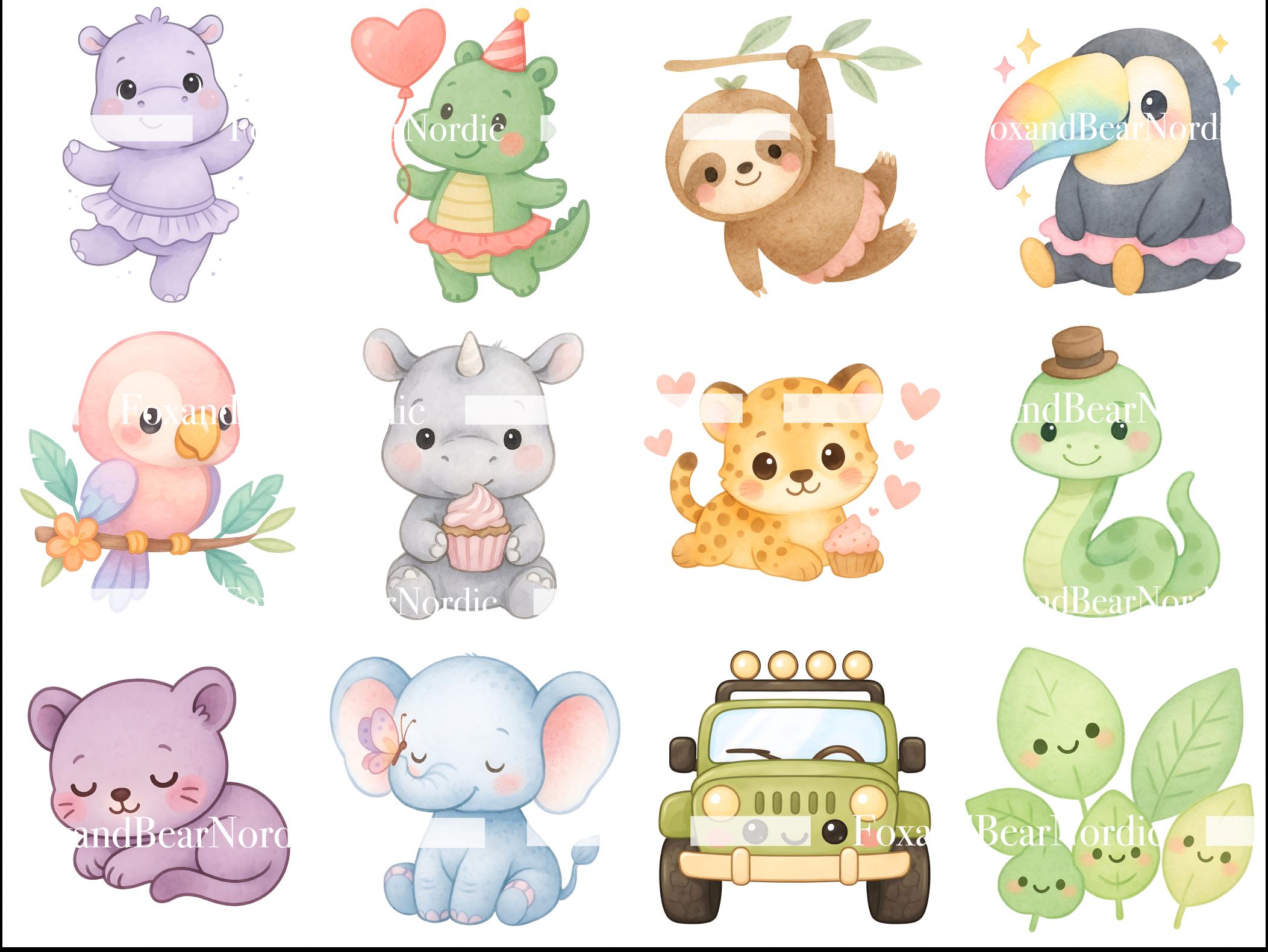 Kawaii Jungle Animals Clipart | 25 PNG Cute Safari Animals | Baby Shower, Nursery Decor, Kids Printables Birthday Zoo Animal PNG image 5