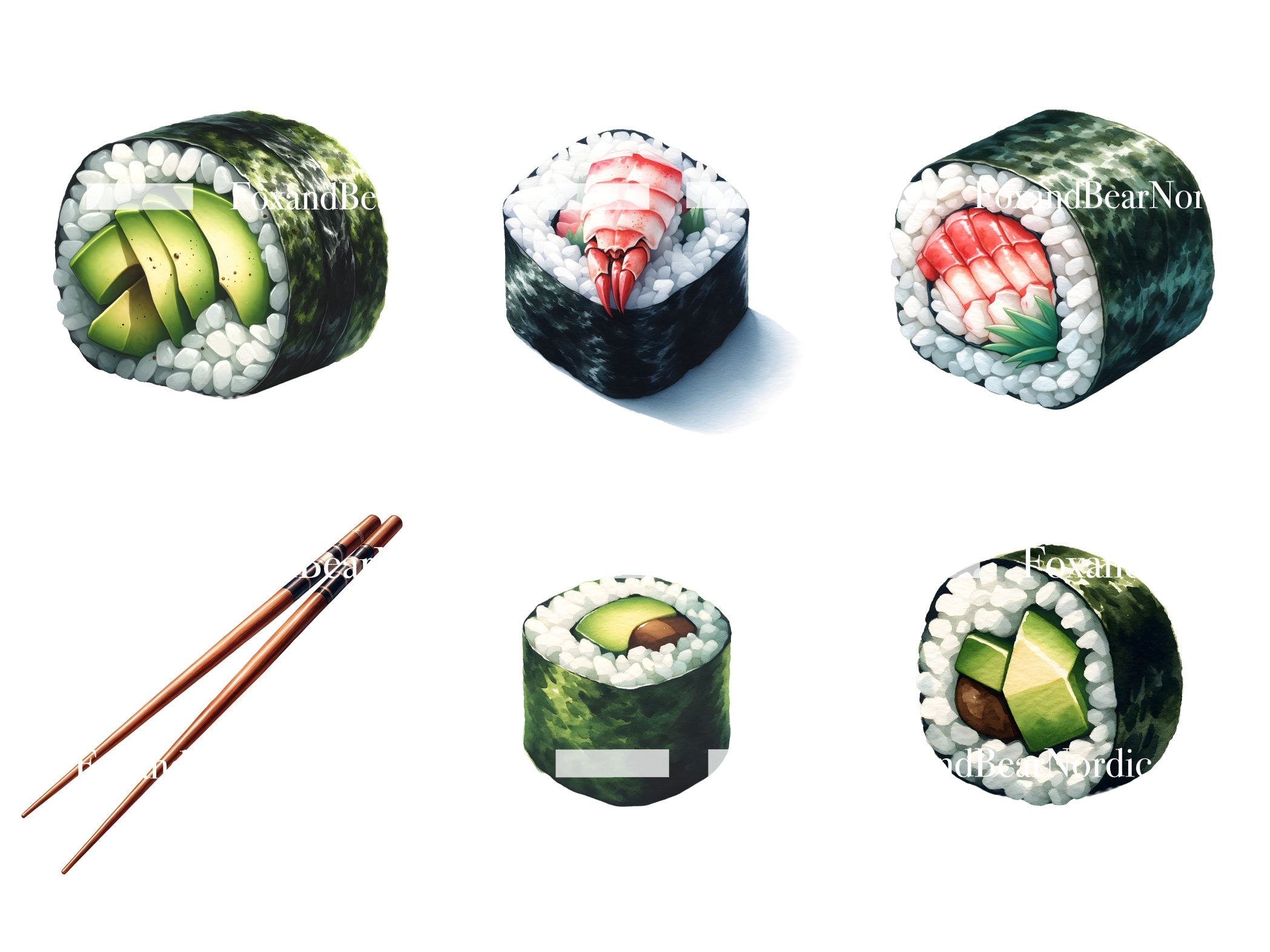 Watercolor Sushi Clipart Food Clipart Salmon Sushi Stickers Japanese Clipart Watercolor Clipart Watercolor Clip Art Commercial Use image 8