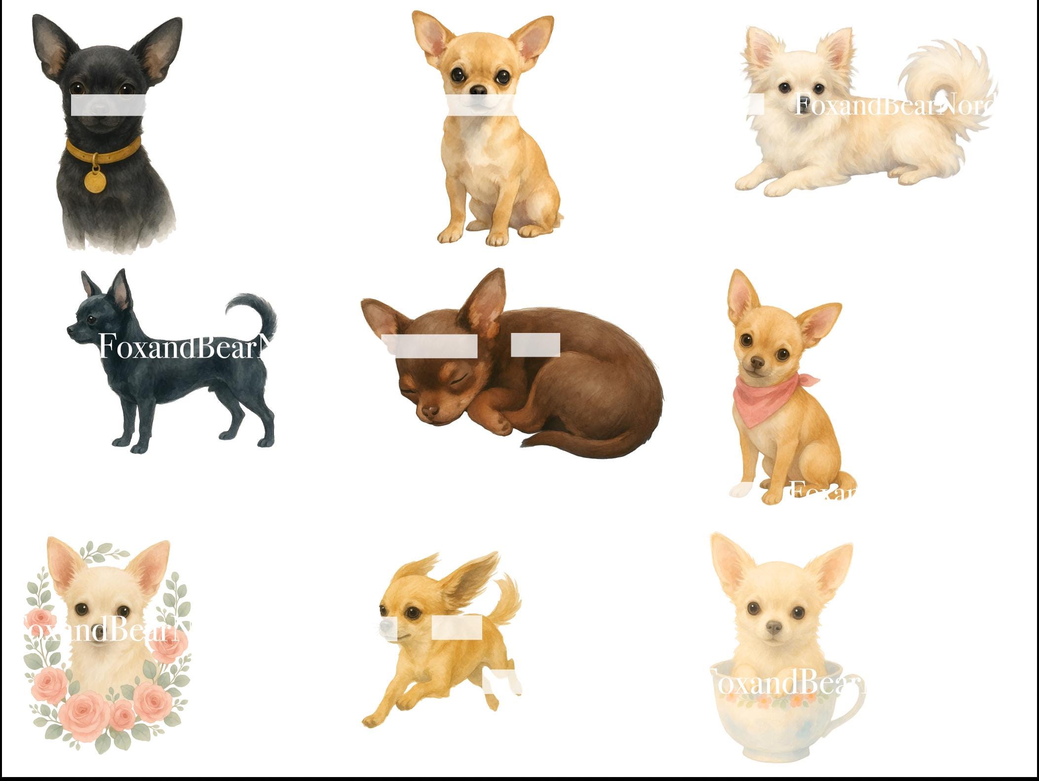 Watercolor Chihuahua Clipart Bundle | 18 Dog PNG Images | Cute Puppy Art | Pet Portrait Clipart | Chihuahua PNG Commercial Use image 4