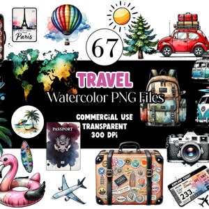 May include: A set of 67 watercolor travel illustrations, including a suitcase, a hot air balloon, a palm tree, a passport, a camera, a plane, a cruise ship, a backpack, a van, a tent, a flamingo float, a seashell, a Eiffel Tower, and a Statue of Liberty. The illustrations are in a watercolor style and are perfect for use in travel-themed projects.