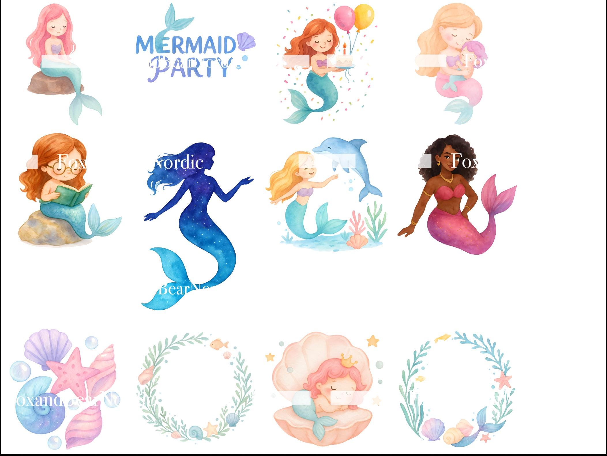 Cute Watercolor Mermaid Clipart Bundle | 34 PNG Under the Sea | Pastel Mermaids, Tails & Seashells for Nursery and Mermaid Birthday Party image 4