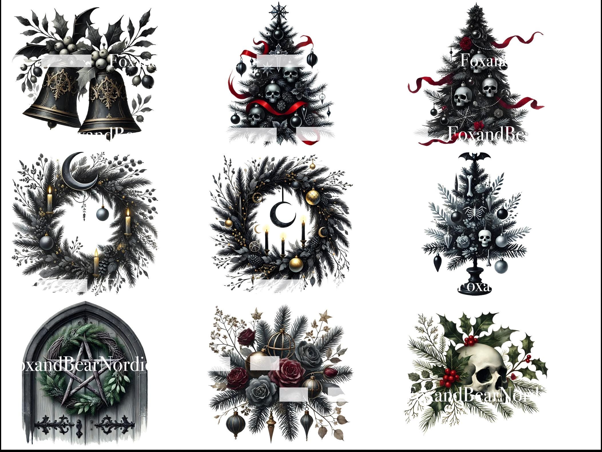 Gothmas Clipart PNG Bundle Dark Gothic Christmas Clip Art Raven Skulls Bats Ornaments Goth Spooky Holiday Occult Sublimation PNG image 7