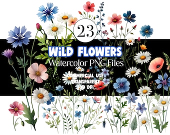 Watercolor Wildflower Meadow Clipart PNG Summer Floral Wild Flowers for Print Collage Scrapbook Junk journal Meadow Flowers Commercial Use