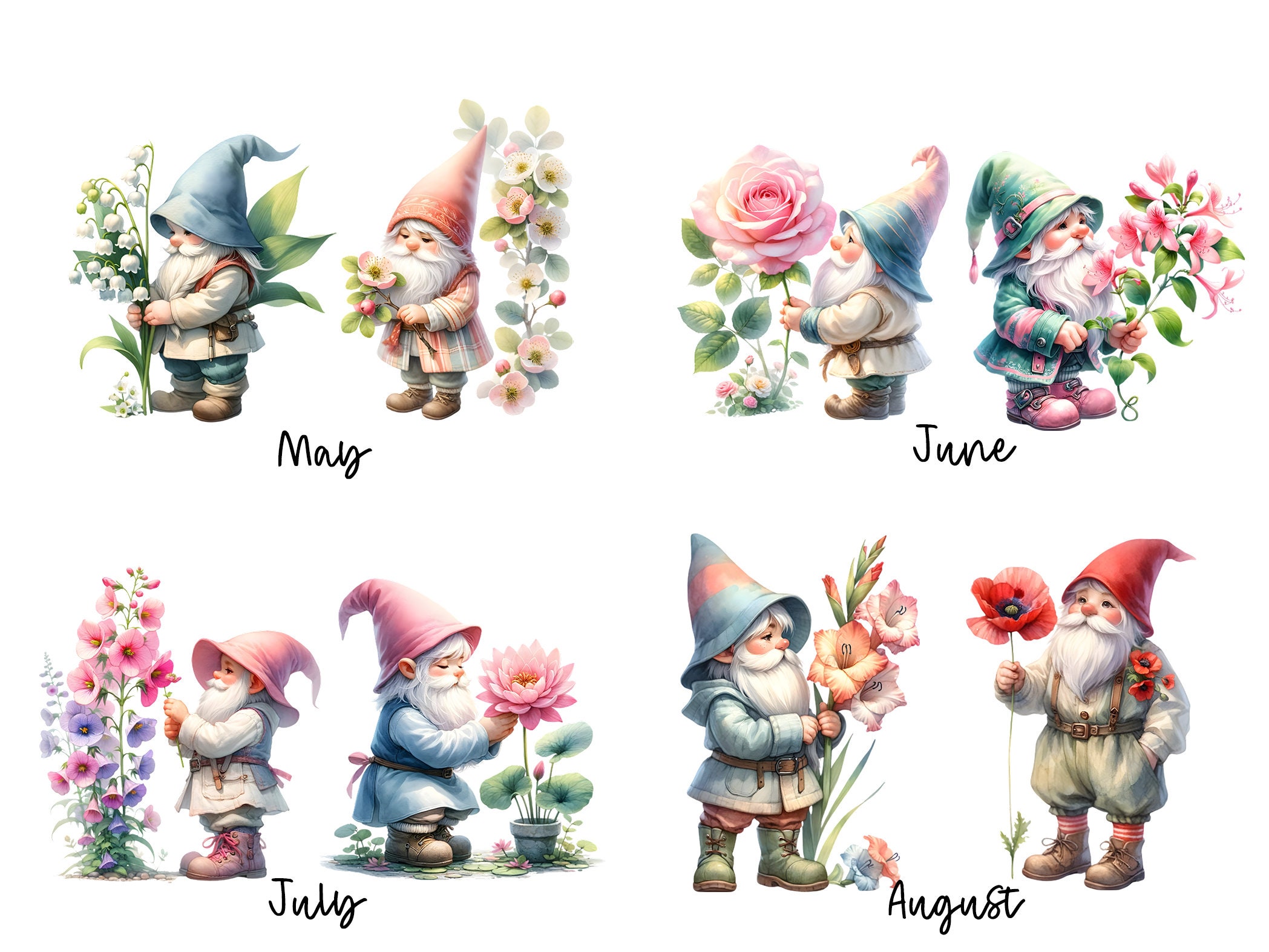 Watercolor Birth Month Flower Gnomes Clipart Birth Flower Clipart PNG Gnome Clip Art Watercolor Clipart Watercolor Clip Art Commercial Use image 5