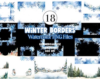 Bordure de flocon de neige aquarelle Clipart hiver PNG usage commercial aquarelle Clip Art hiver Clipart Noël Clipart Digital Stickers Télécharger