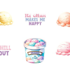 K&ouml;nnte beinhalten: Ein Set aus f&uuml;nf digitalen Illustrationen mit Eisbechern und einer Eiswaffel. Die Illustrationen sind im Cartoon-Stil gehalten und zeigen leuchtende Farben. Die Texte "ICE CREAM MAKES ME HAPPY", "CHILL OUT" und "DELICIOUS ice cream" sind in den Illustrationen enthalten.