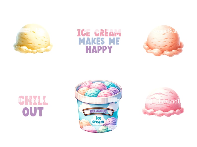 K&ouml;nnte beinhalten: Ein Set aus f&uuml;nf digitalen Illustrationen mit Eisbechern und einer Eiswaffel. Die Illustrationen sind im Cartoon-Stil gehalten und zeigen leuchtende Farben. Die Texte "ICE CREAM MAKES ME HAPPY", "CHILL OUT" und "DELICIOUS ice cream" sind in den Illustrationen enthalten.