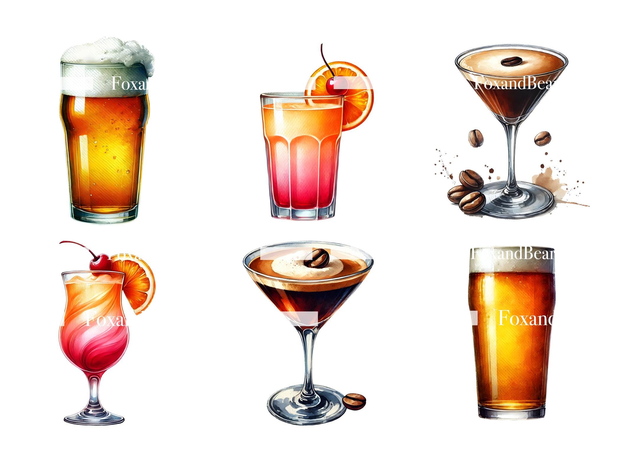 Watercolor Cocktail Clipart Espresso Martini Aperol Spritz Beer Clipart Wedding Cocktails Bar Menu Signature Drink PNG Commercial Use image 6