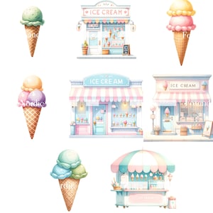 K&ouml;nnte beinhalten: F&uuml;nf Illustrationen von Eisdielen und Eiswaffeln. Die L&auml;den sind alle in Pastellrosa und Blau mit wei&szlig;en Verzierungen. Die Eiswaffeln sind alle in verschiedenen Geschmacksrichtungen und haben eine Vielzahl von Toppings. Der Text auf den L&auml;den lautet "Ice Cream".