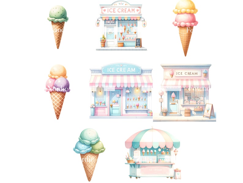 K&ouml;nnte beinhalten: F&uuml;nf Illustrationen von Eisdielen und Eiswaffeln. Die L&auml;den sind alle in Pastellrosa und Blau mit wei&szlig;en Verzierungen. Die Eiswaffeln sind alle in verschiedenen Geschmacksrichtungen und haben eine Vielzahl von Toppings. Der Text auf den L&auml;den lautet "Ice Cream".
