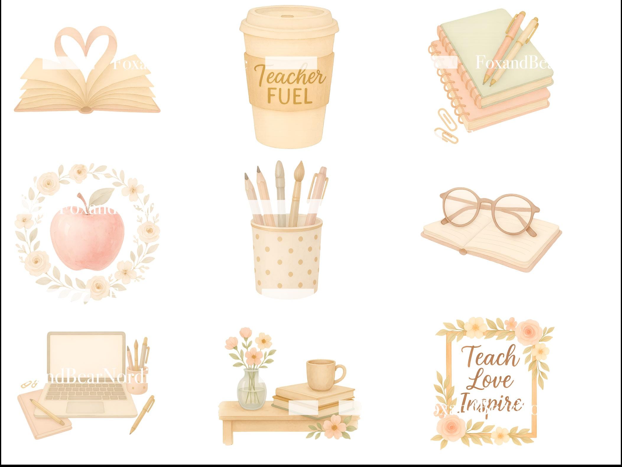 Watercolor Teacher Clipart Bundle | Teacher Appreciation PNG, Classroom Clipart, Teacher Gifts, School Clipart, Cute Watercolor PNG Set image 5