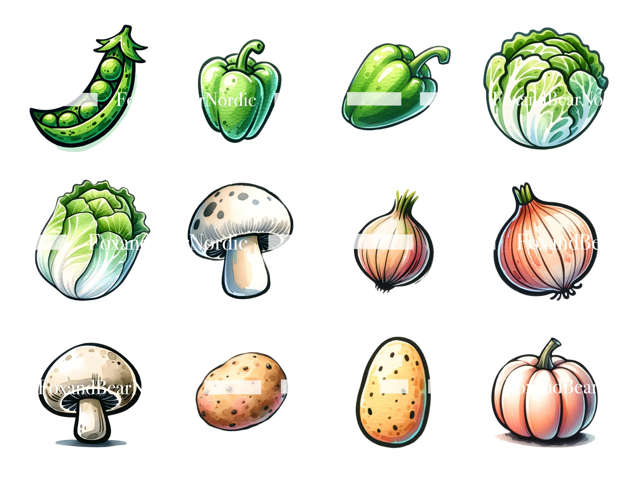 Digital Vegetable Clipart Farmers Market PNG Mushroom Tomato Broccoli Carrot Clipart Watercolor Clipart Watercolor Clip Art Commercial Use image 6