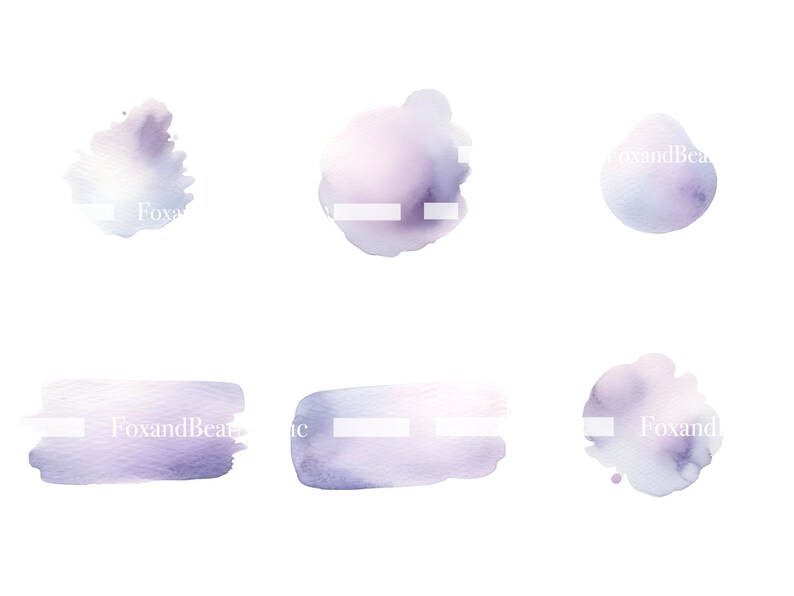 Puede incluir: Seis elementos de dise&ntilde;o en acuarela en tonos morados y lavanda sobre fondo blanco. Las formas incluyen pinceladas y manchas. El texto "FoxandBear" es parcialmente visible.