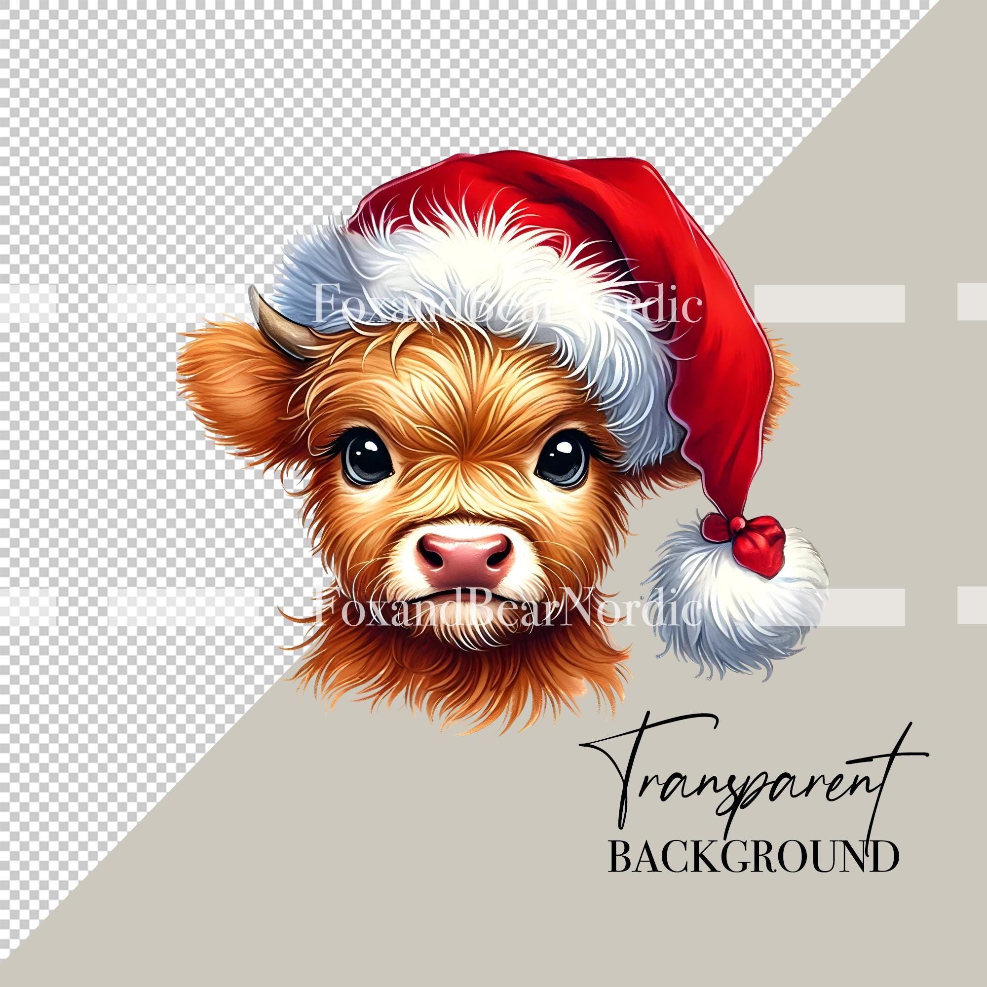 Watercolor Christmas Highland Cow PNG Christmas Cow Clipart Baby Animal Clipart Watercolor Cow With Santa Hat Clip Art Commercial Use image 3