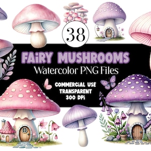 Clipart champignon aquarelle maison de fée Clipart champignons PNG champignon pastel champignons magiques féerique maison de jardin automne pastel usage commercial