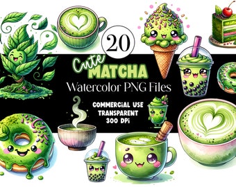 Acuarela Matcha Clipart Kawaii Clipart PNG Paquete Matcha Lover Acuarela Clipart Acuarela Clip Art Pegatinas Digitales Uso Comercial