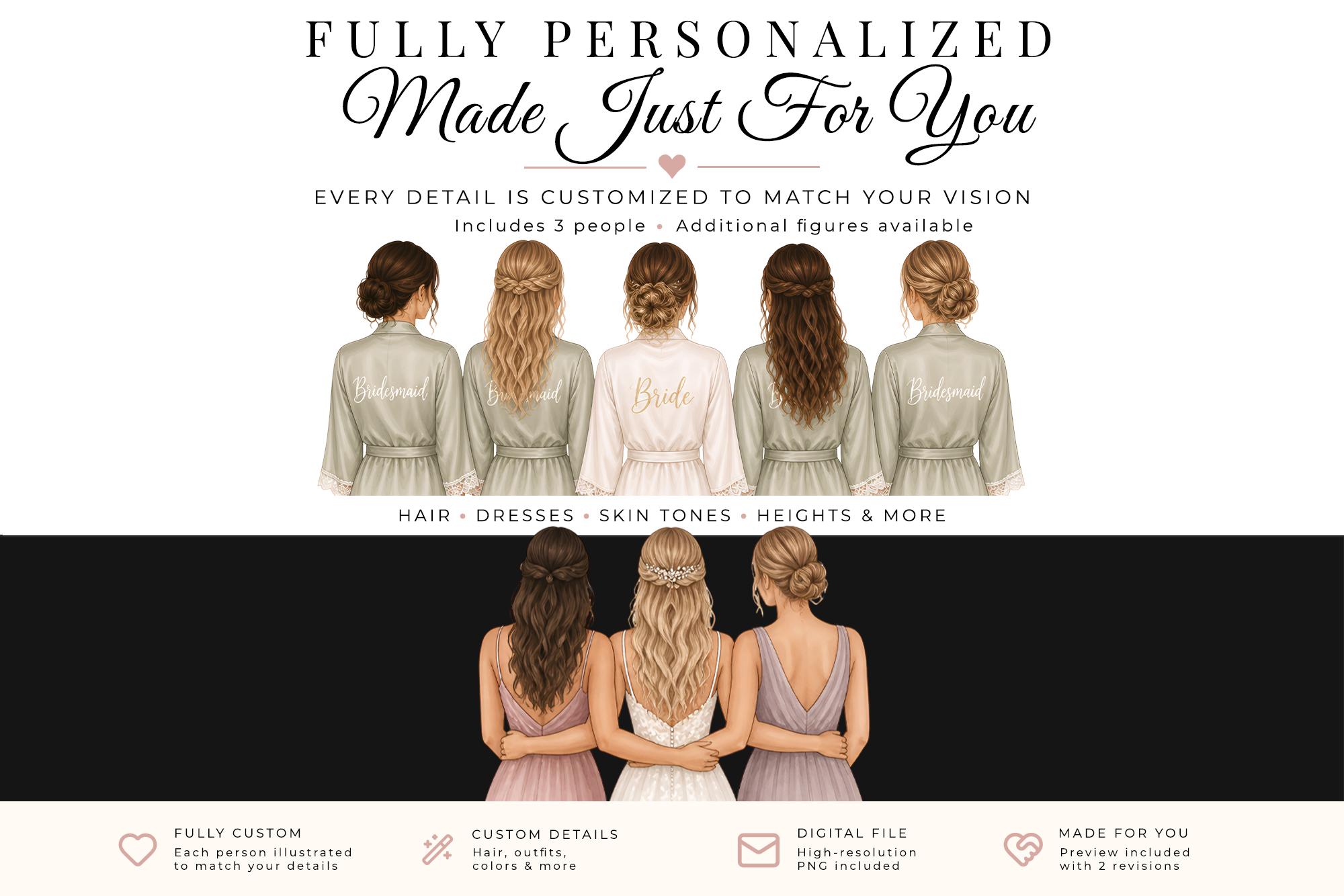 Custom Bridesmaid Portrait, Personalized Wedding Illustration, Bride & Bridesmaids Back View, Custom Bridal Party Gift, Digital Download image 2