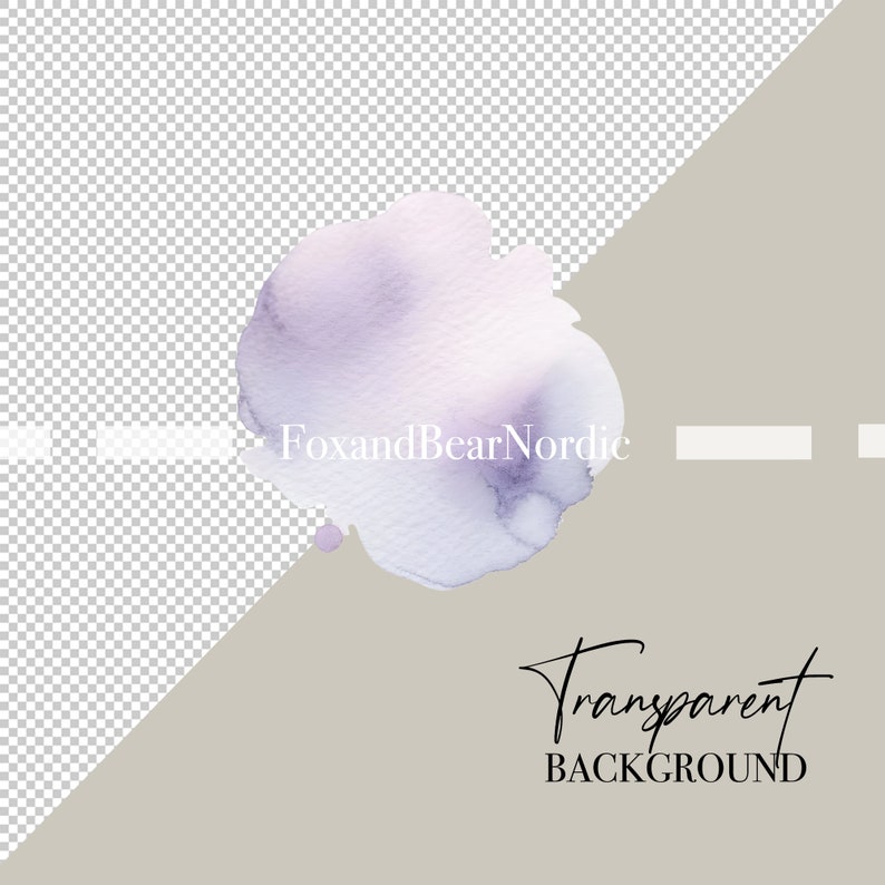 Puede incluir: Un dise&ntilde;o de acuarela con una forma suave y difuminada de color p&uacute;rpura y blanco, similar a una nube. La imagen incluye el texto "FoxandBearNordic" y "Transparent BACKGROUND" en una fuente elegante, sobre un fondo neutro.