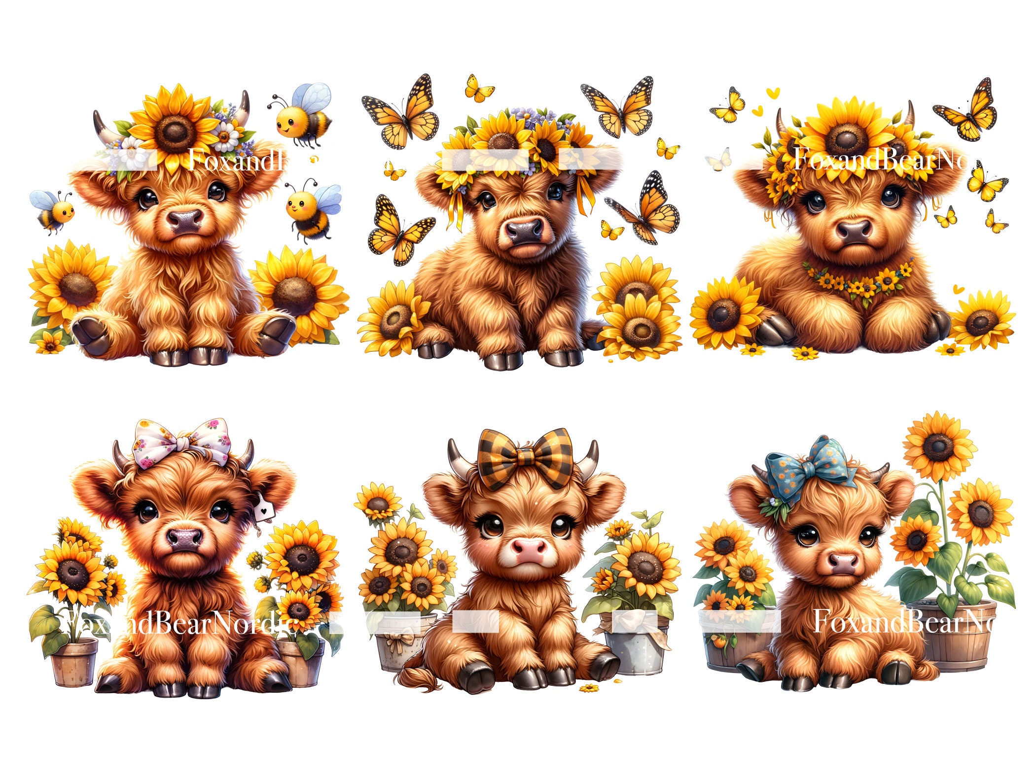 Watercolor Sunflower Highland Cow PNG Sunflower Clipart Baby Animal Clipart Butterfly PNG Watercolor Cow Clip Art Commercial Use Digital image 7