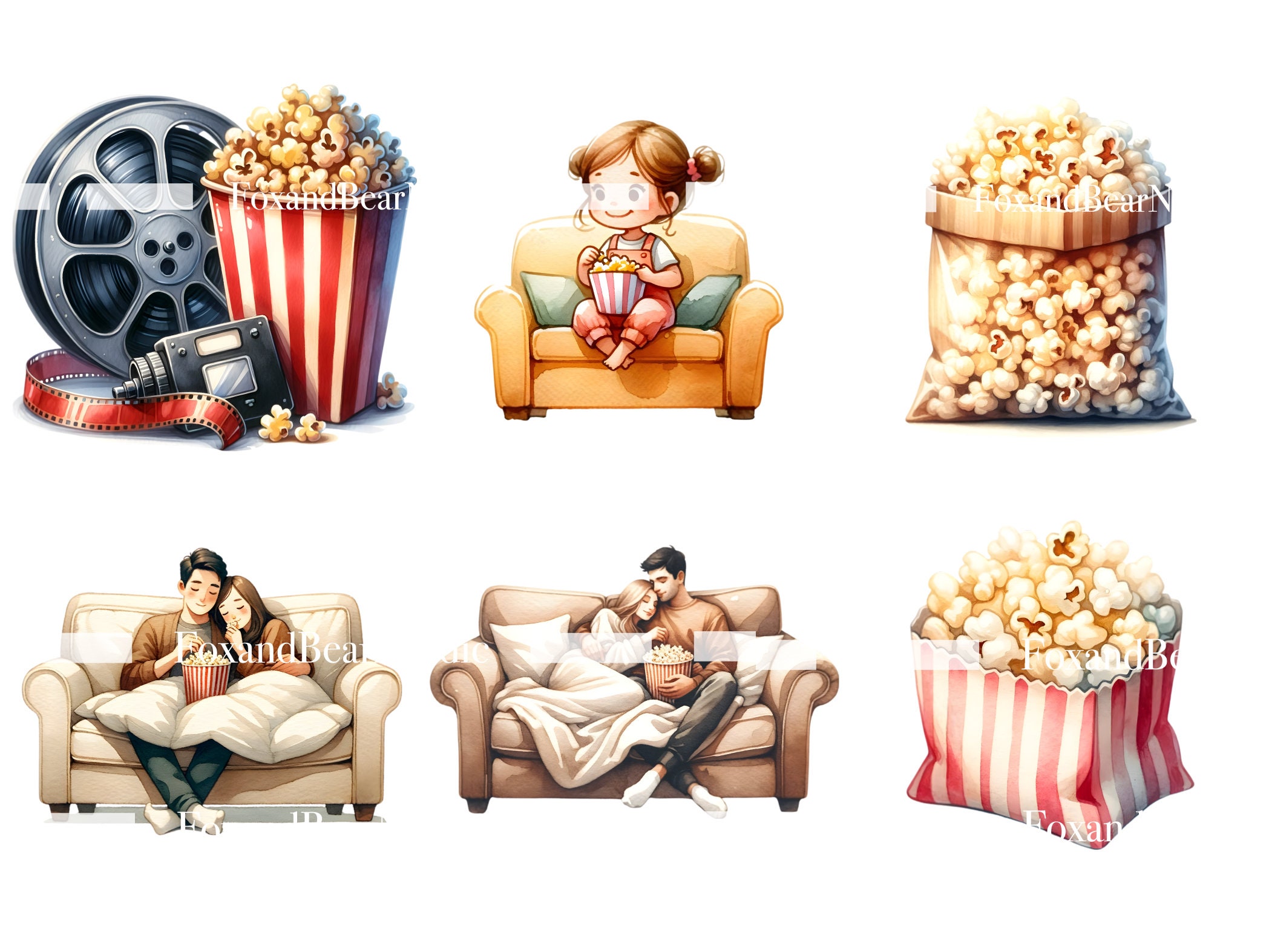 Watercolor Popcorn PNG Carnival Clipart Popcorn Bucket Popcorn Machine Movie Ticket Watercolor Clipart Watercolor Clip Art Commercial Use image 7