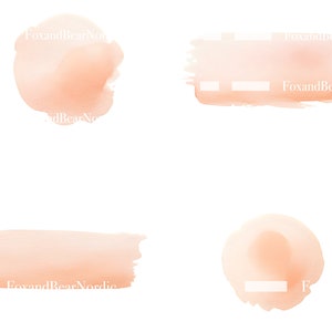 Puede incluir: Cuatro pinceladas de acuarela en tonos melocot&oacute;n y naranja claro se muestran sobre un fondo blanco. Las pinceladas var&iacute;an en forma, incluyendo un c&iacute;rculo, un rect&aacute;ngulo y una l&iacute;nea horizontal. El texto "FoxandBearNordic" es visible.