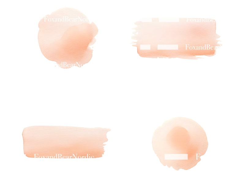 Puede incluir: Cuatro pinceladas de acuarela en tonos melocot&oacute;n y naranja claro se muestran sobre un fondo blanco. Las pinceladas var&iacute;an en forma, incluyendo un c&iacute;rculo, un rect&aacute;ngulo y una l&iacute;nea horizontal. El texto "FoxandBearNordic" es visible.