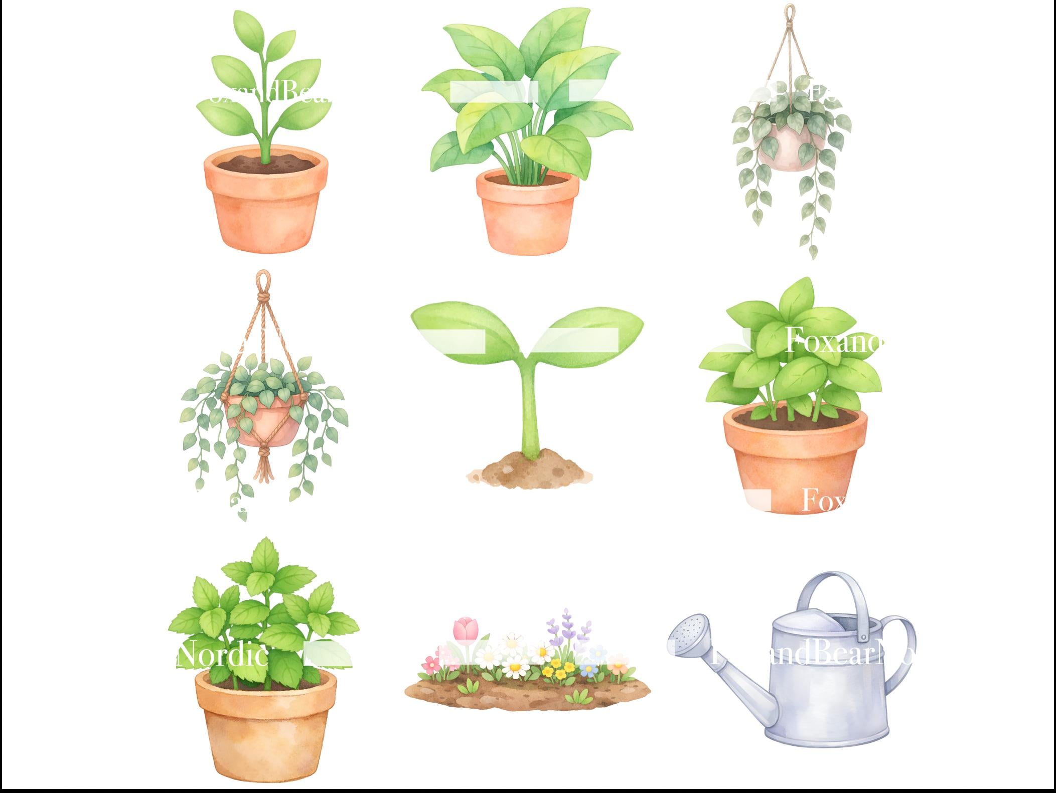 Spring Gardening Watercolor Clipart Bundle: Greenhouse, Flowers, Plants (72 PNG Files) image 5
