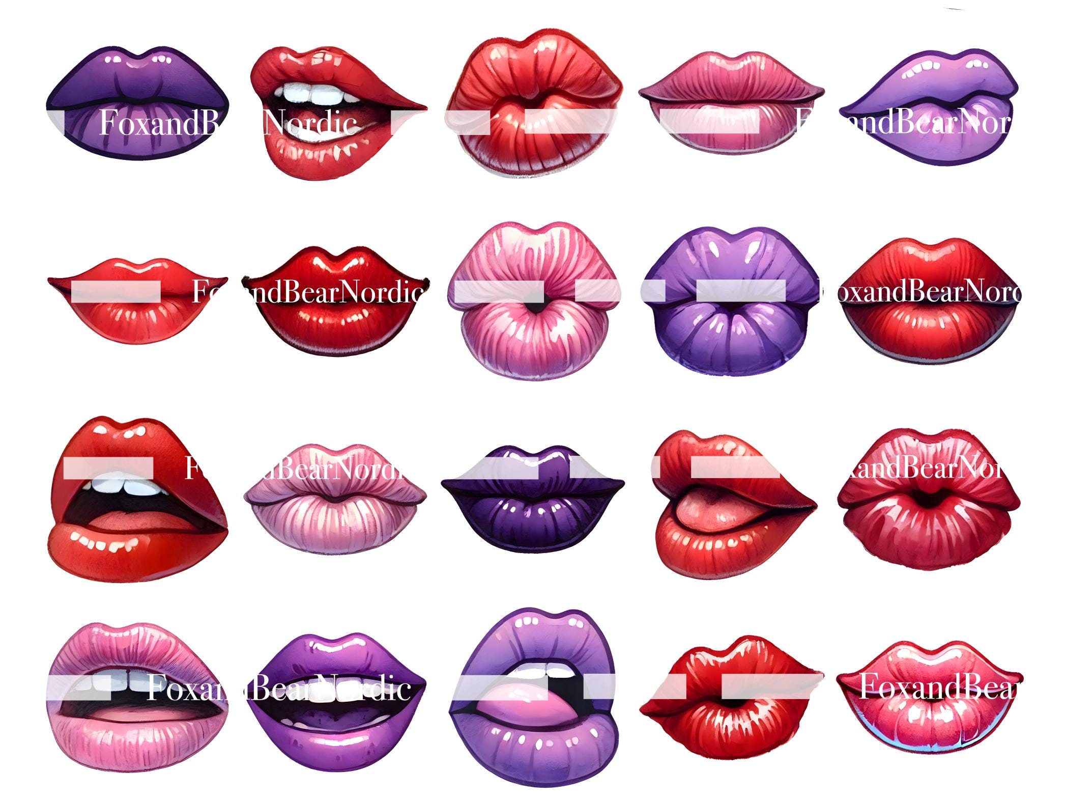 XOXO Valentines Day Clipart: Watercolor Hearts, Lips (PNG Digital Stickers) image 4