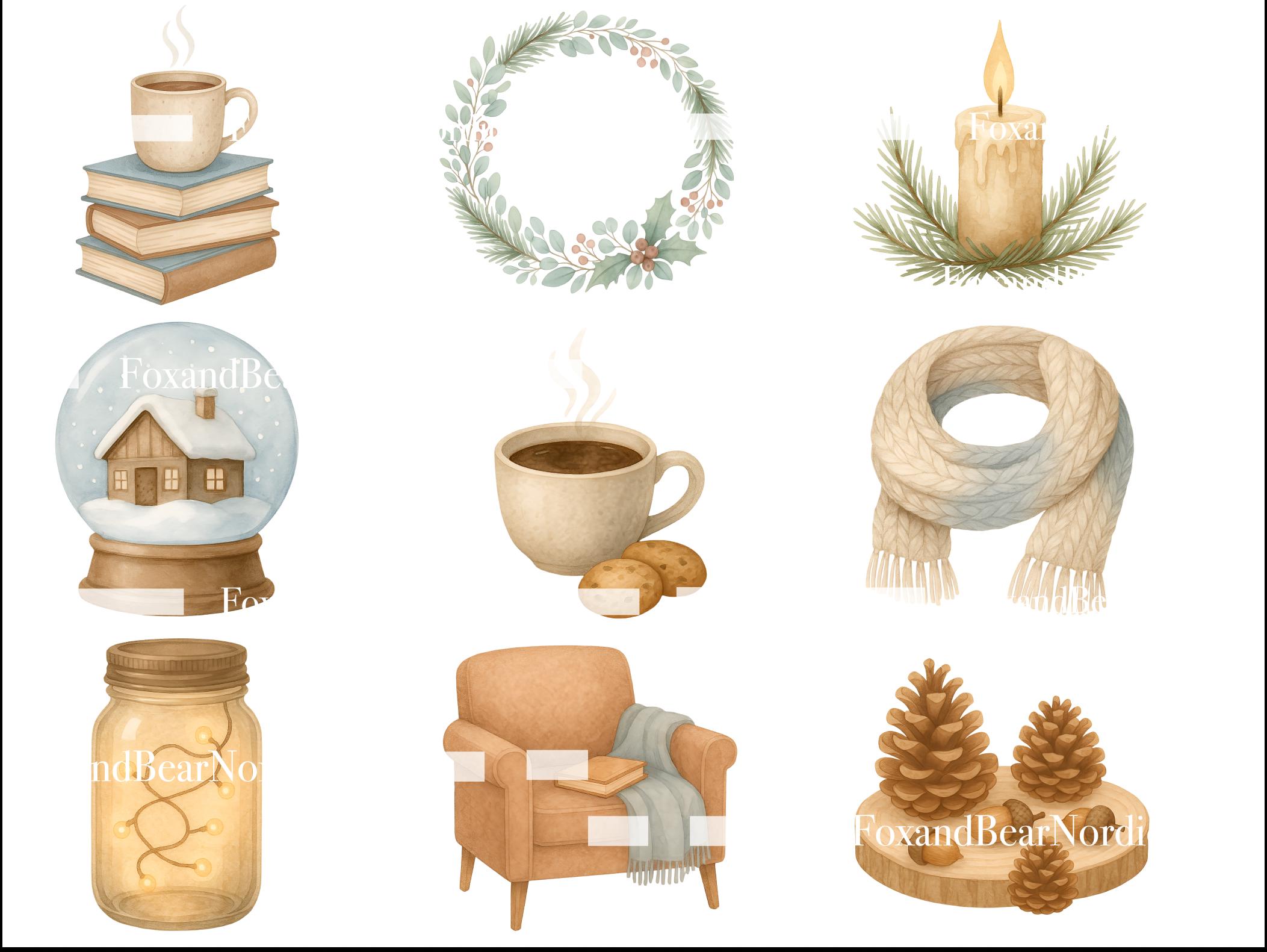 Cozy Winter Watercolor Clipart PNG Bundle | Hygge Christmas Mug, Mittens, Candles, Books & Cocoa PNG Cottagecore image 5