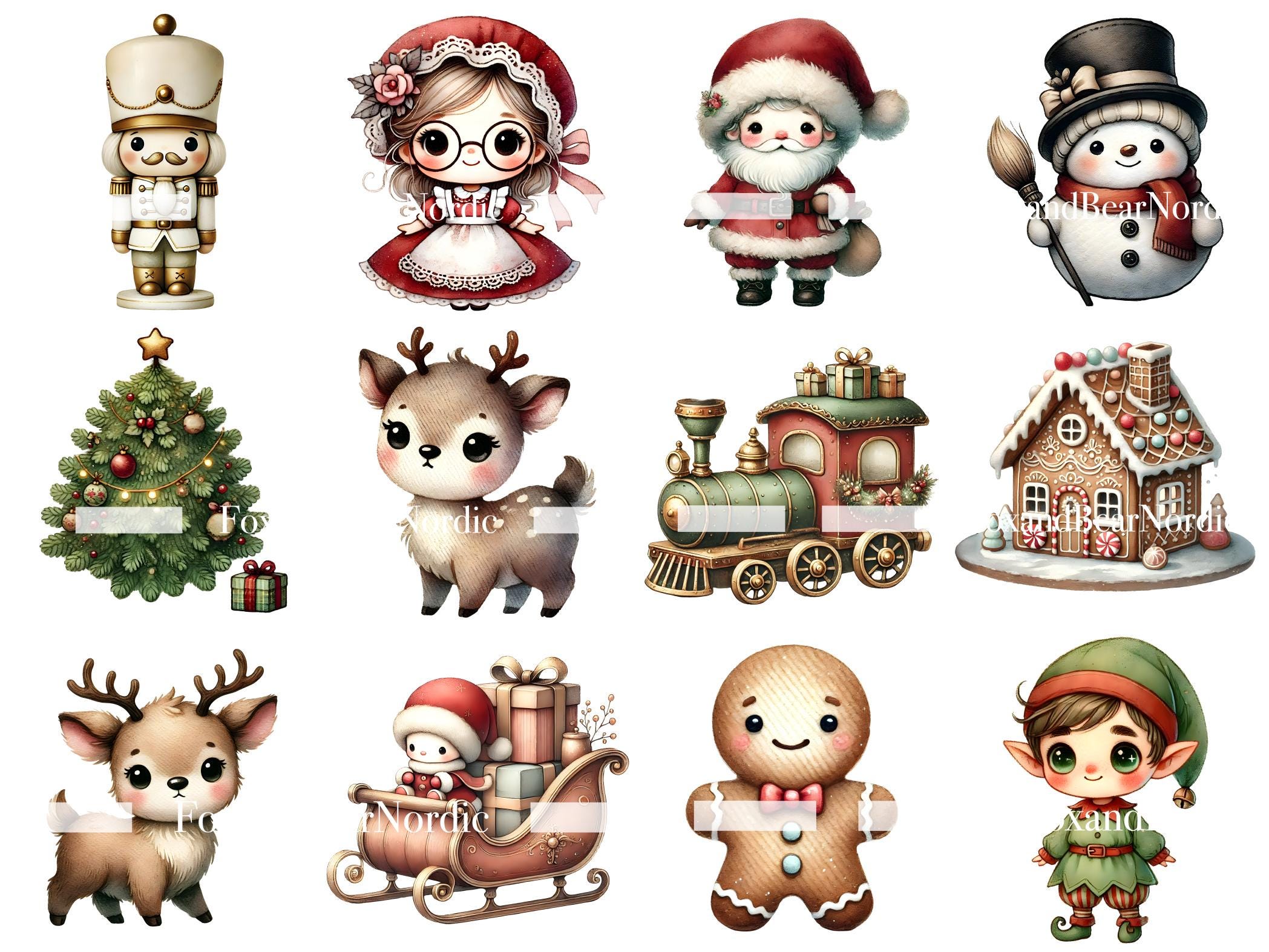 Chibi Christmas Clipart: Watercolor Santa, Tree, Nutcracker (PNG Digital Download) image 4