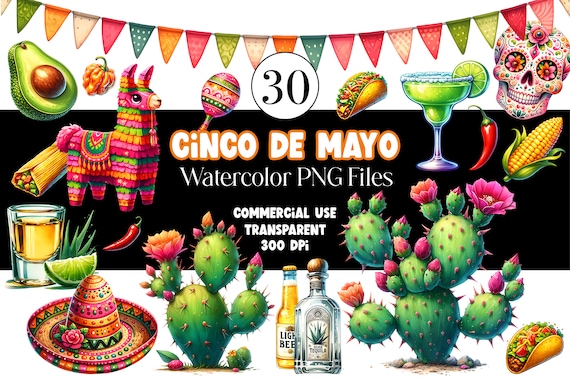 Cinco de Mayo PNG Fiesta PNG Taco Clipart Mexican Clipart Tequila Food Clipart Watercolor Clipart Watercolor Clip Art Commercial Use