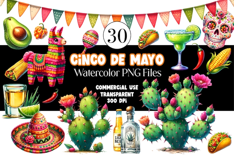 May include: 30 watercolor PNG files of Cinco de Mayo themed illustrations.  Includes a pinata, cactus, maracas, tequila, beer, limes, corn, chilli peppers, a skull, and a sombrero.