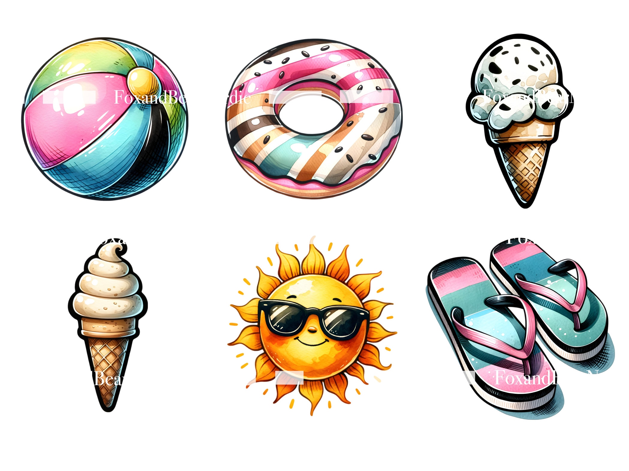 Summer Beach Clipart Watercolor Ice Cream Clipart Summer Clipart Ice Cream Cone PNG Watercolor Clipart Watercolor Clip Art Commercial Use image 4