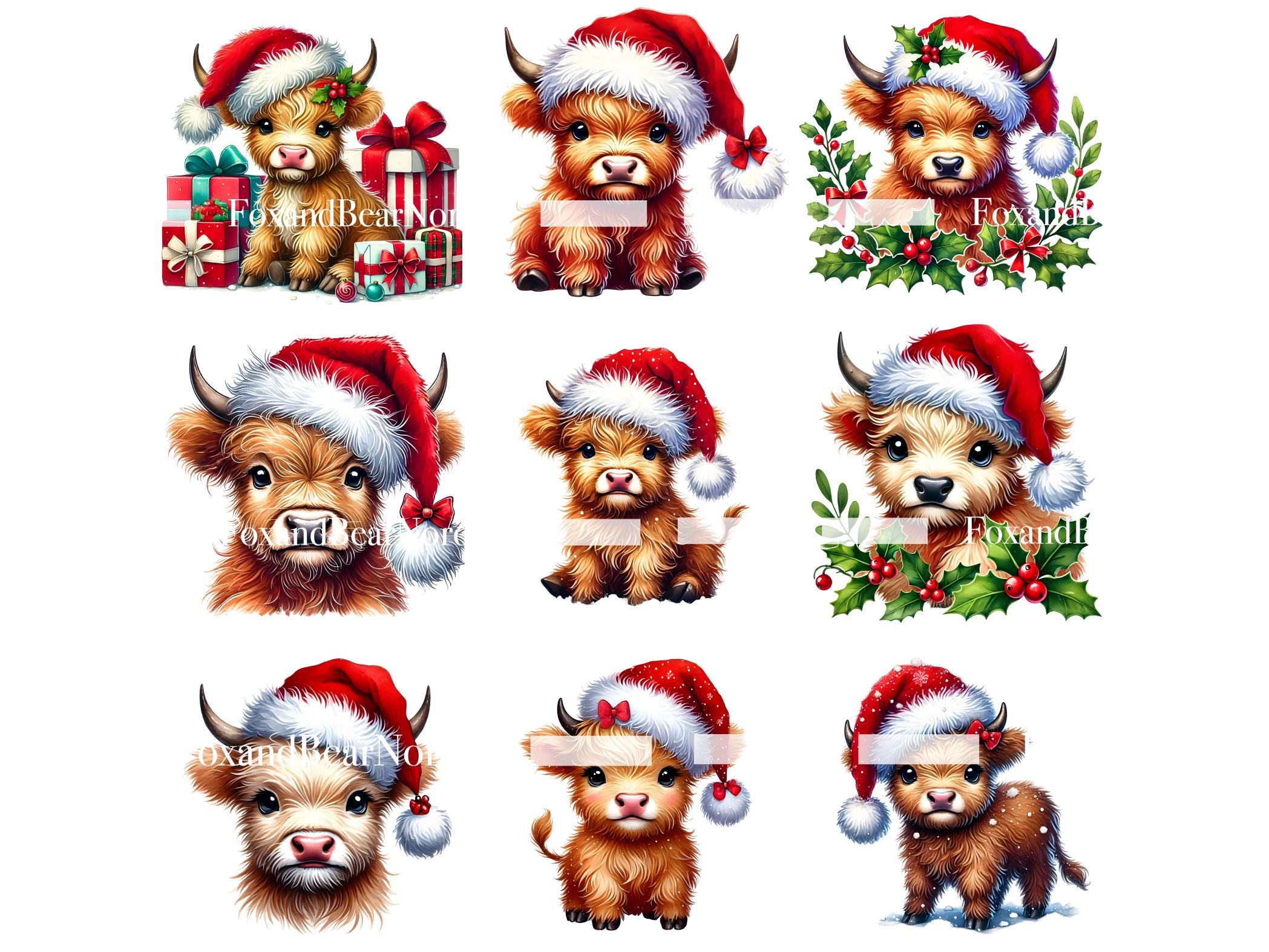 Watercolor Christmas Highland Cow PNG Christmas Cow Clipart Baby Animal Clipart Watercolor Cow With Santa Hat Clip Art Commercial Use image 5